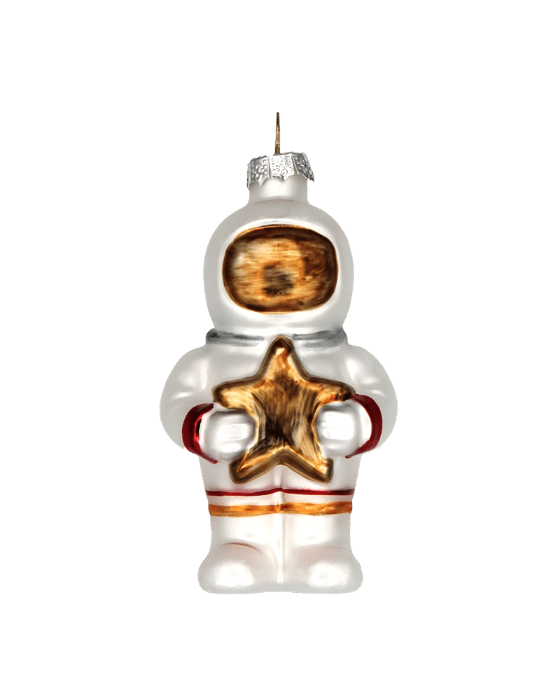 Chive glass astronaut ornament shown straight-on with a gold visor and red trim.