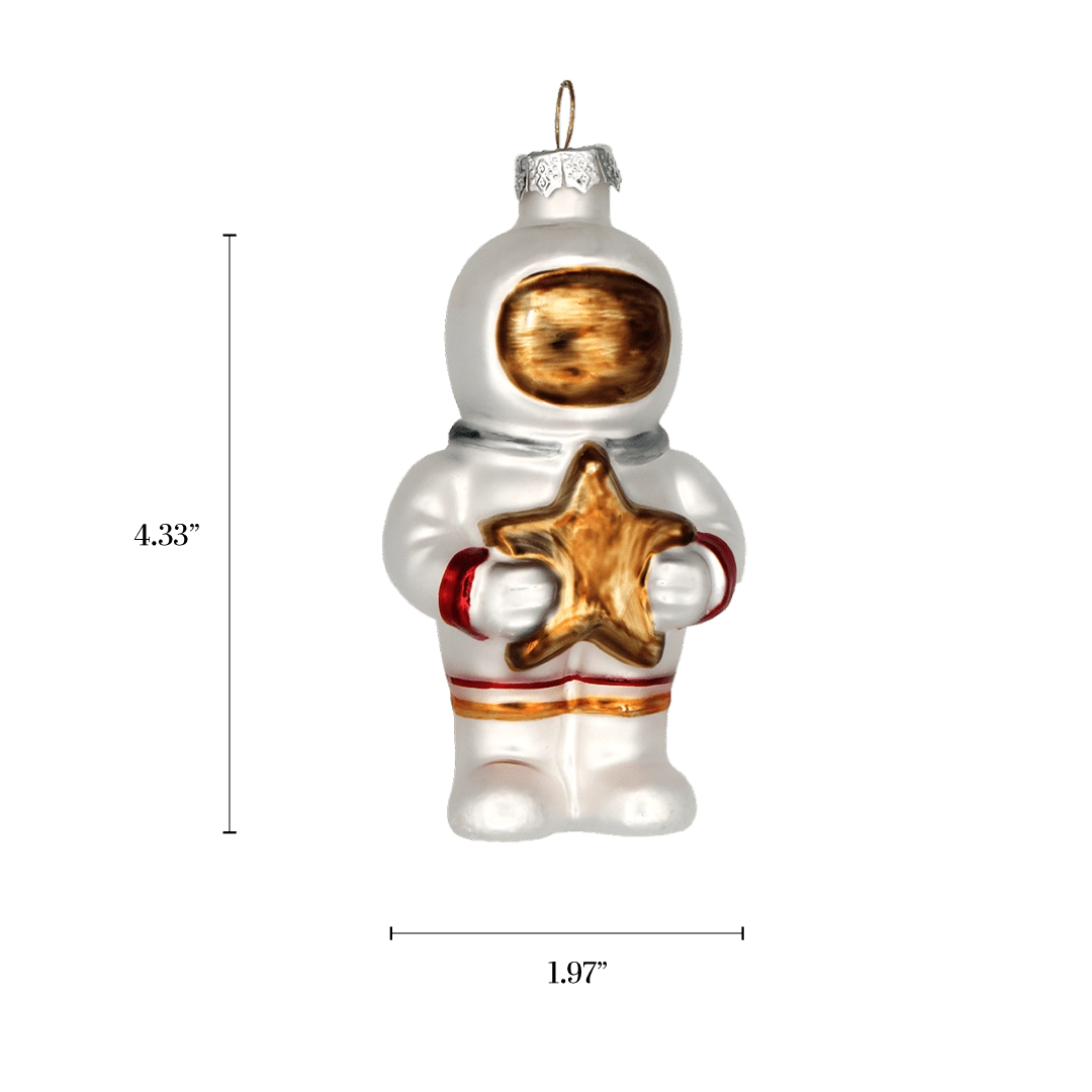 Chive glass astronaut ornament with a dimension diagram showing its standing figure size.