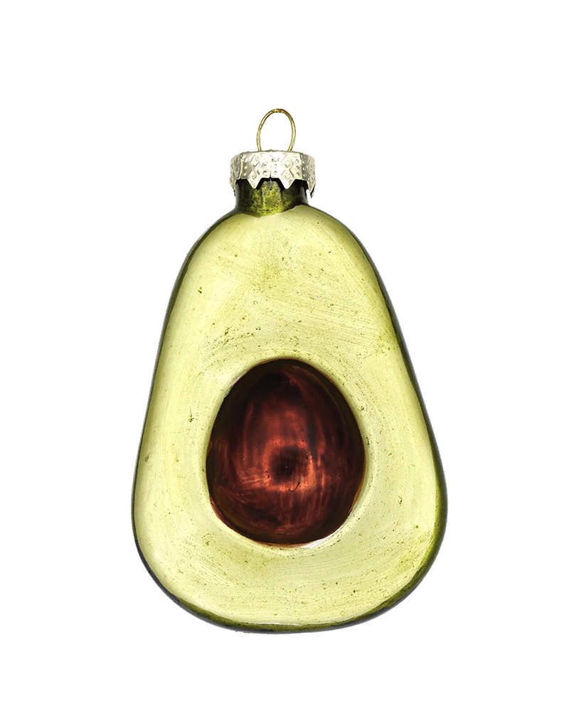 Chive glass avocado ornament in green with a glossy brown pit detail.