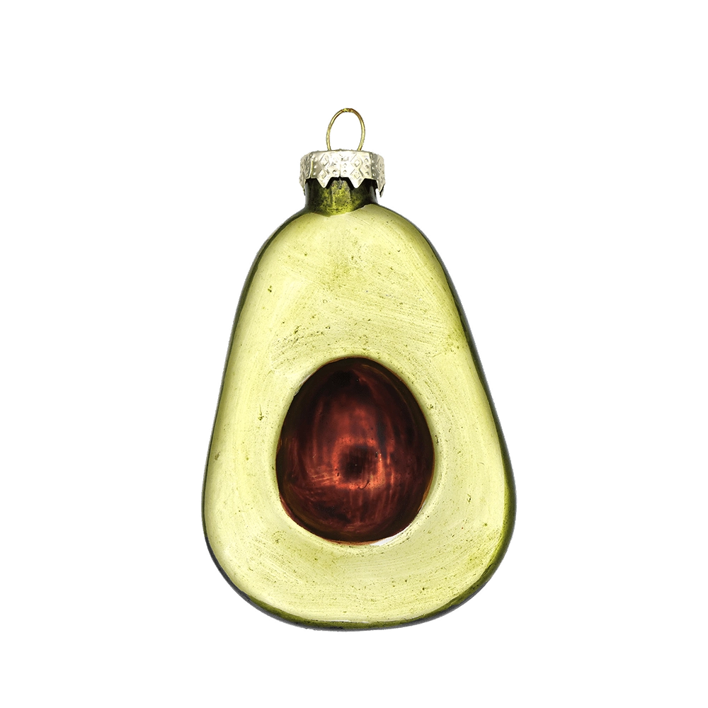Chive glass avocado ornament in green with a glossy brown pit detail.