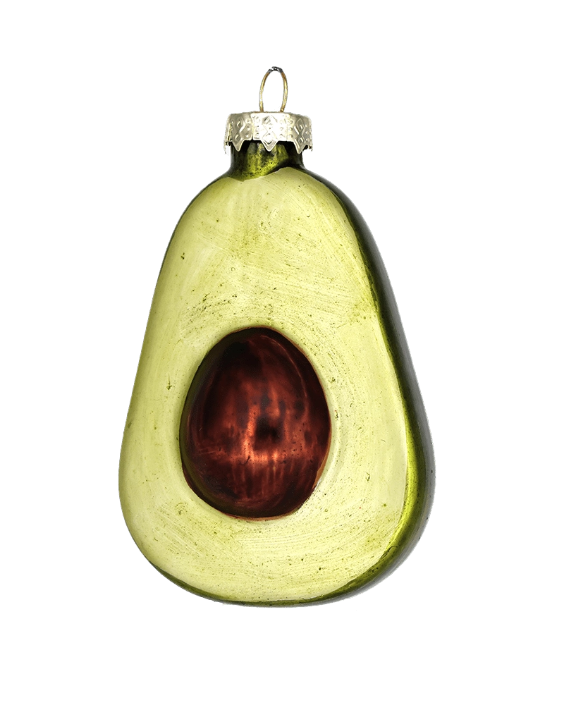Chive glass avocado ornament shown straight-on with a rich brown pit center.