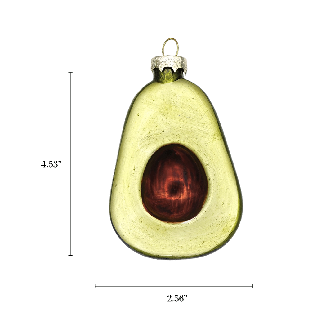 Chive glass avocado ornament with a dimension diagram showing its halved fruit size.
