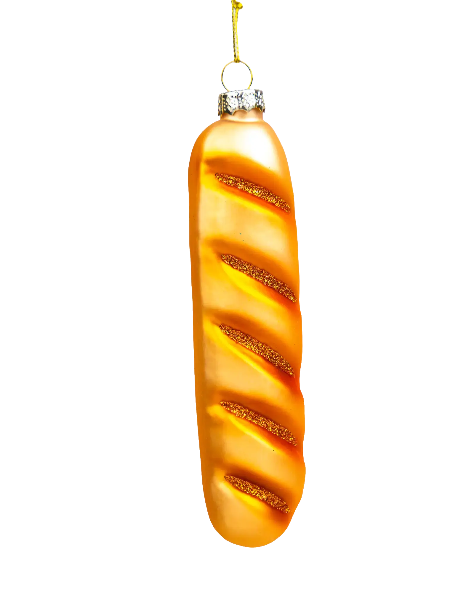 Chive glass baguette ornament in gold with glittered scored slashes.