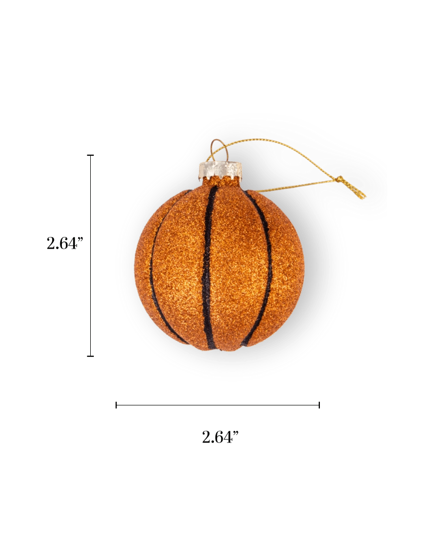 Chive glass basketball ornament in orange glitter with black seam lines.