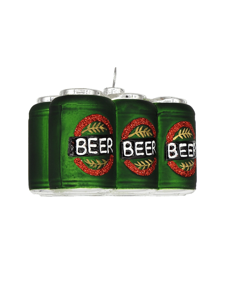 Chive glass beer six-pack ornament in green with a red wreath and wheat design.