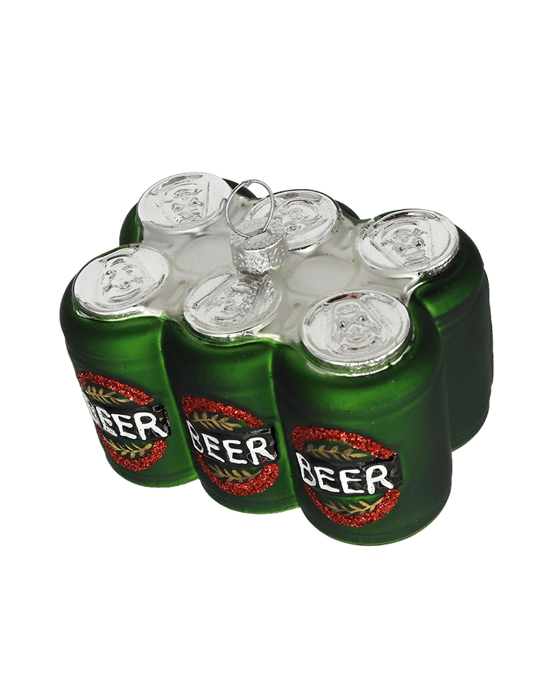 Chive glass beer six-pack ornament, overhead view of silver ring-pull tops.