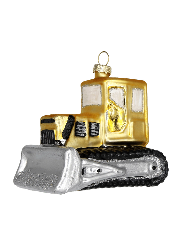 Chive glass bulldozer ornament shown at an angle highlighting the wide silver scoop.