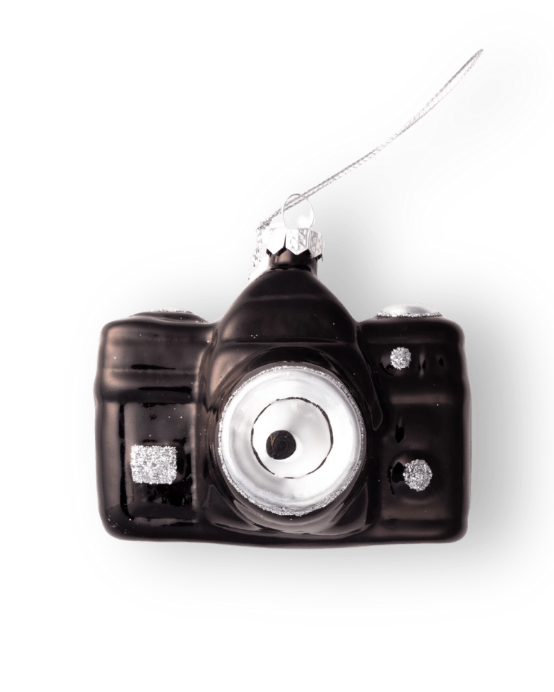 Chive glass camera ornament in black with a silver-trimmed cord hanger.