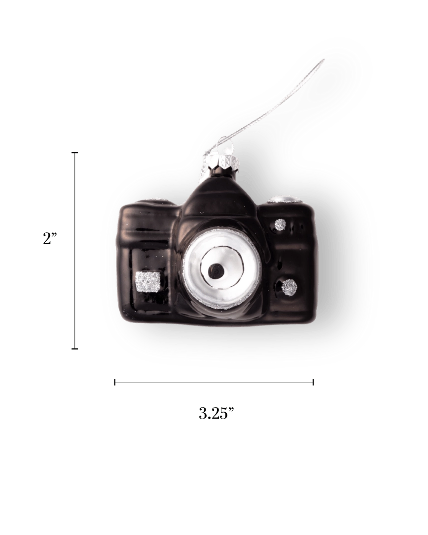Chive glass camera ornament in black with a silver glitter lens ring.