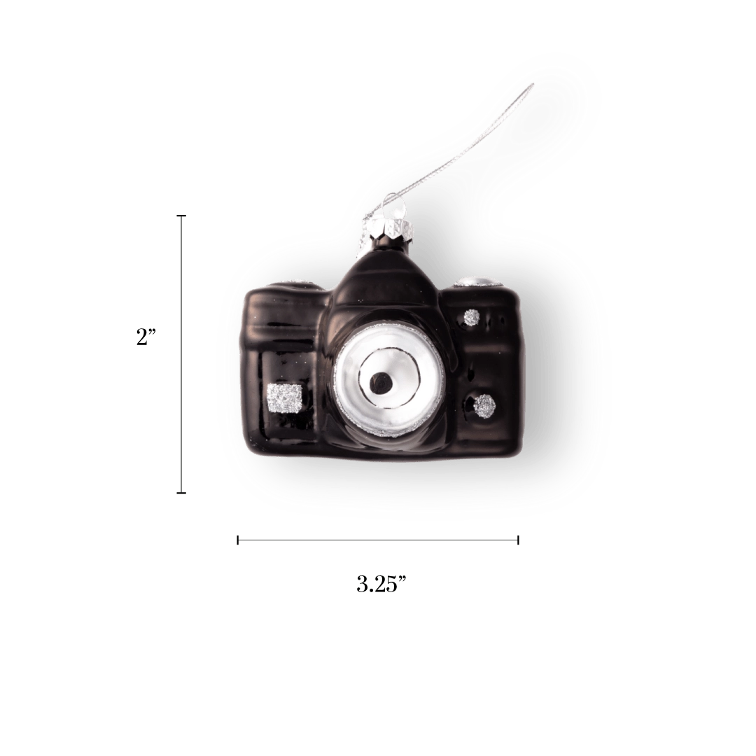 Chive glass camera ornament in black with a silver glitter lens ring.