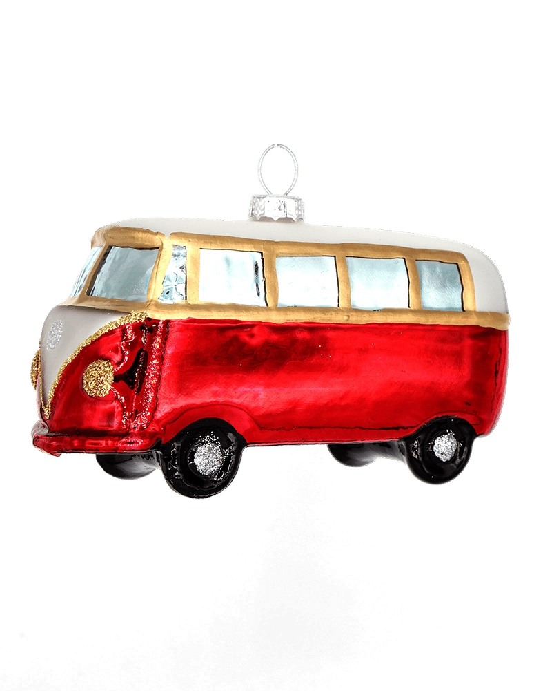 Chive glass camper van ornament in red and white with gold trim accents.