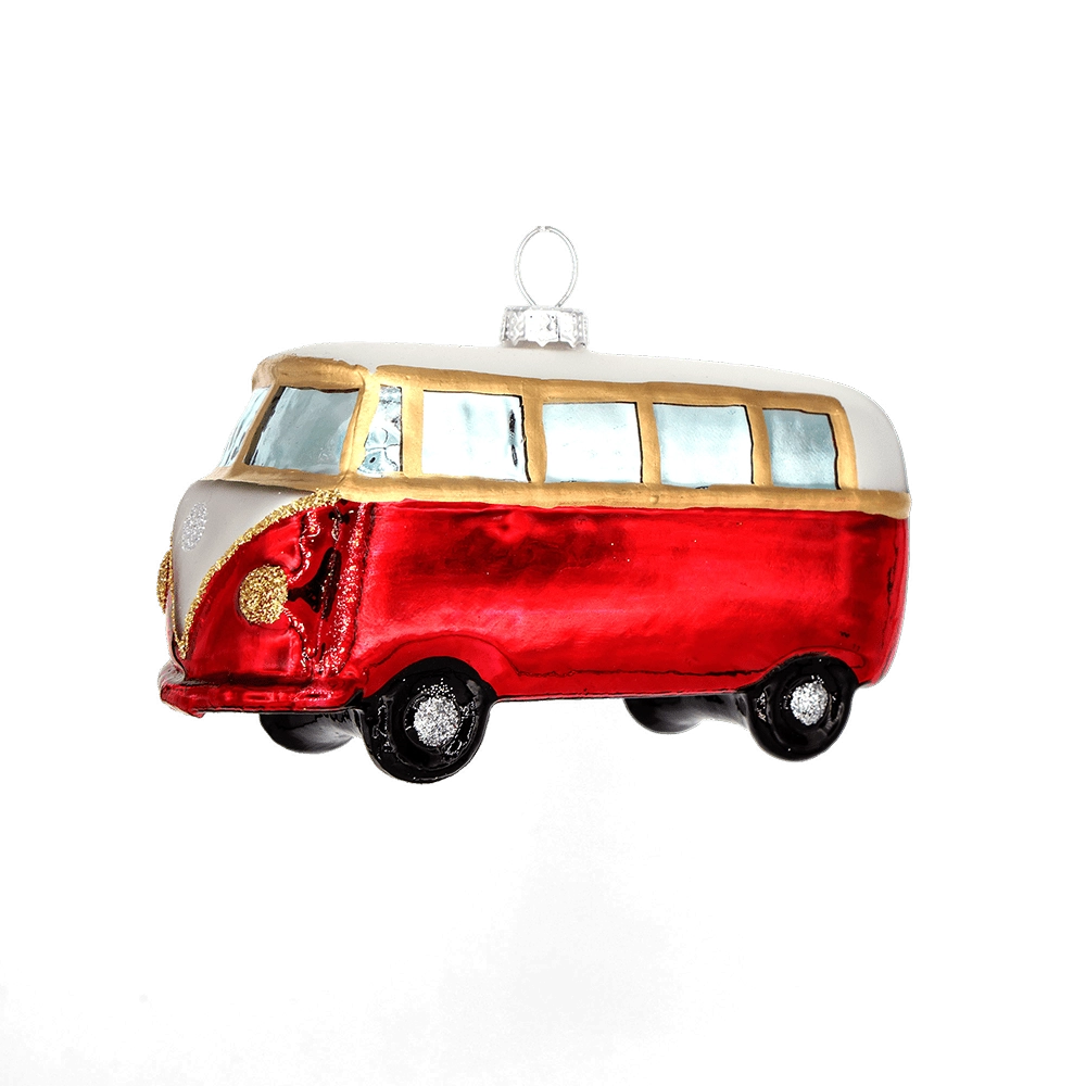 Chive glass camper van ornament in red and white with gold trim accents.