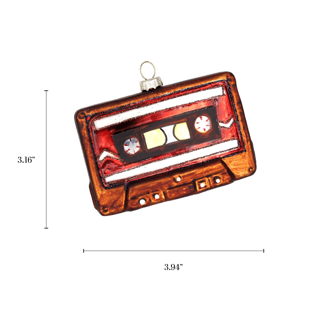 Chive glass cassette tape ornament with a dimension diagram showing its compact size.