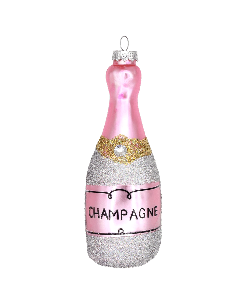 Chive glass champagne bottle ornament in pink with silver glitter and a gem accent.