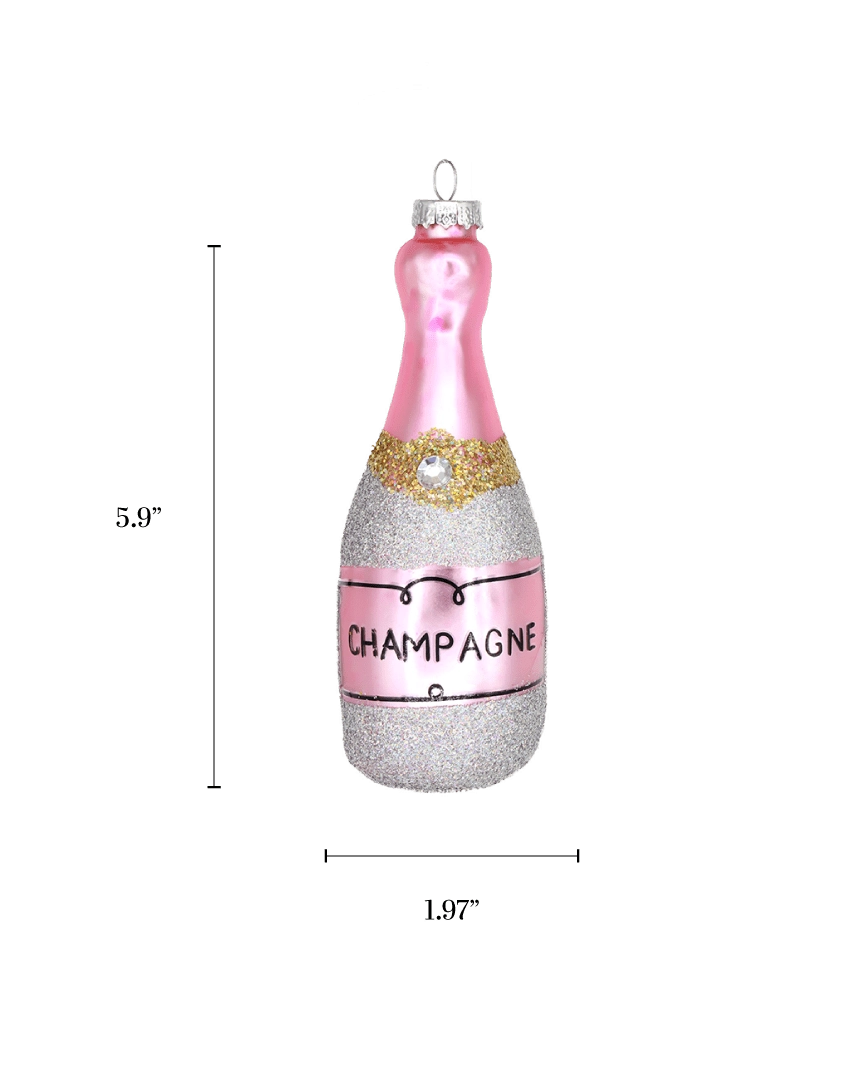 Chive glass champagne bottle ornament with a dimension diagram showing its tall size.