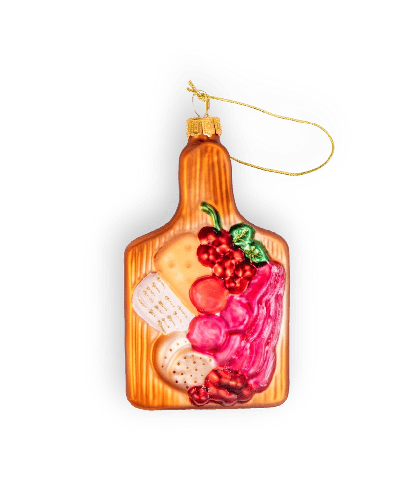 Chive glass charcuterie board ornament in wood tone with crackers and grapes.