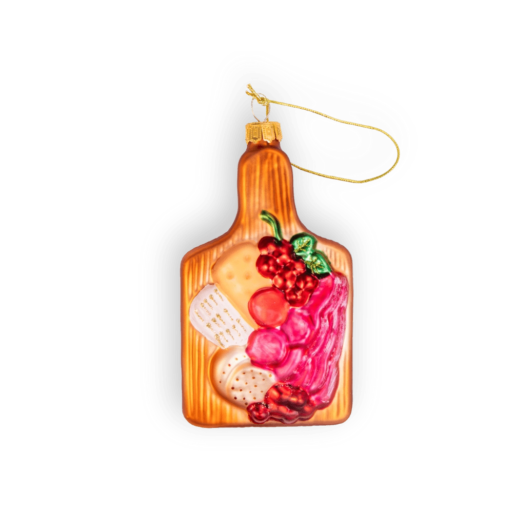 Chive glass charcuterie board ornament in wood tone with crackers and grapes.