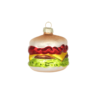 Chive glass cheeseburger ornament with layered lettuce, cheese, and ketchup detail.