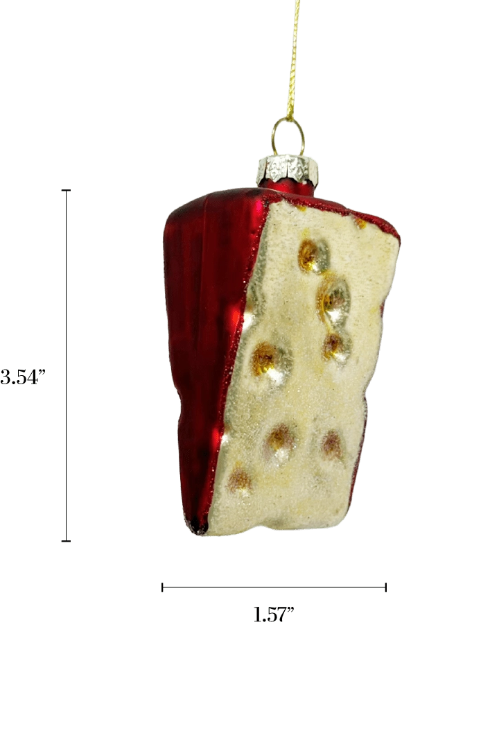 Chive glass cheese wedge ornament in red rind with golden holes.