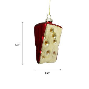 Chive glass cheese wedge ornament in red rind with golden holes.