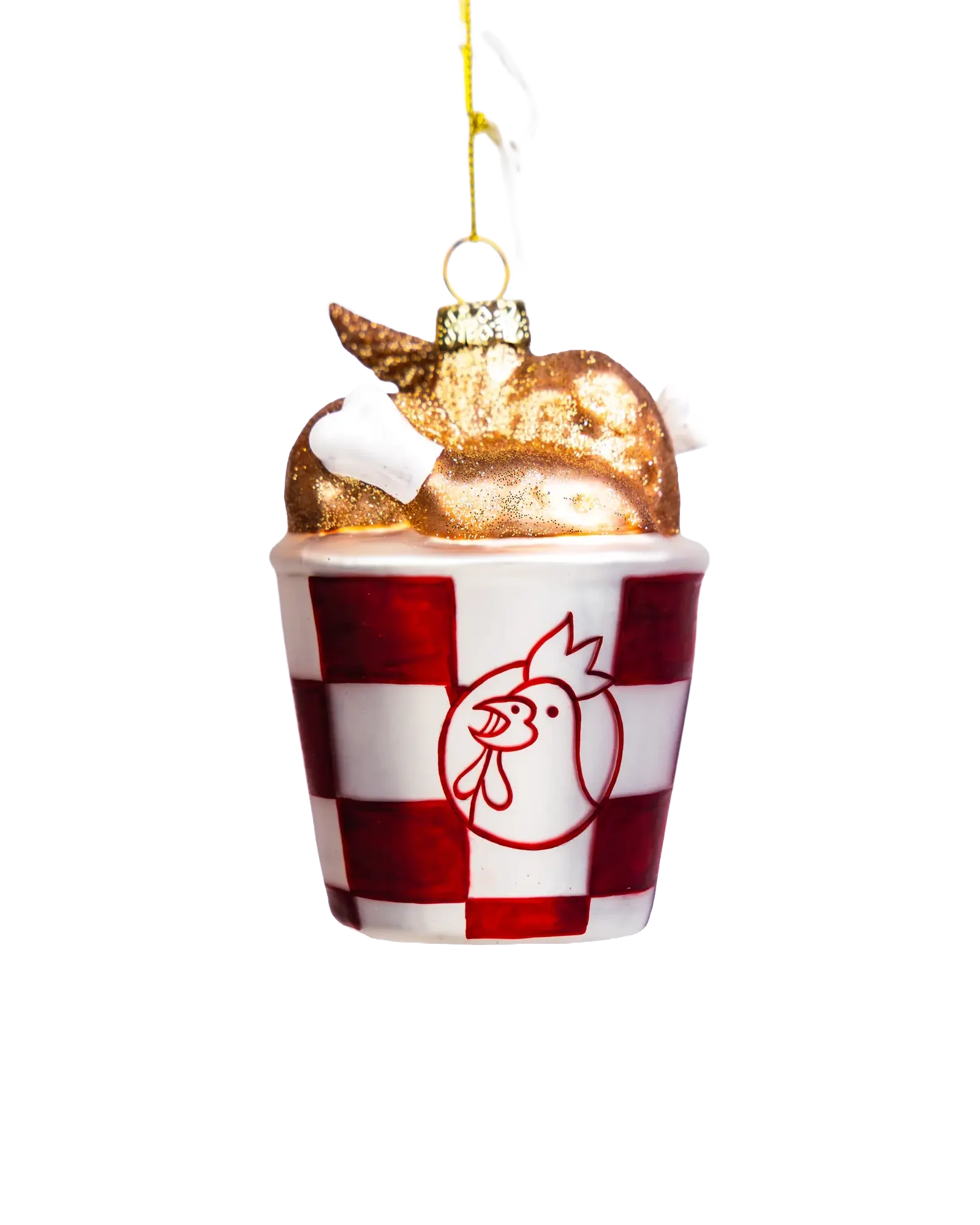 Chive glass chicken bucket ornament in red check with golden fried pieces.