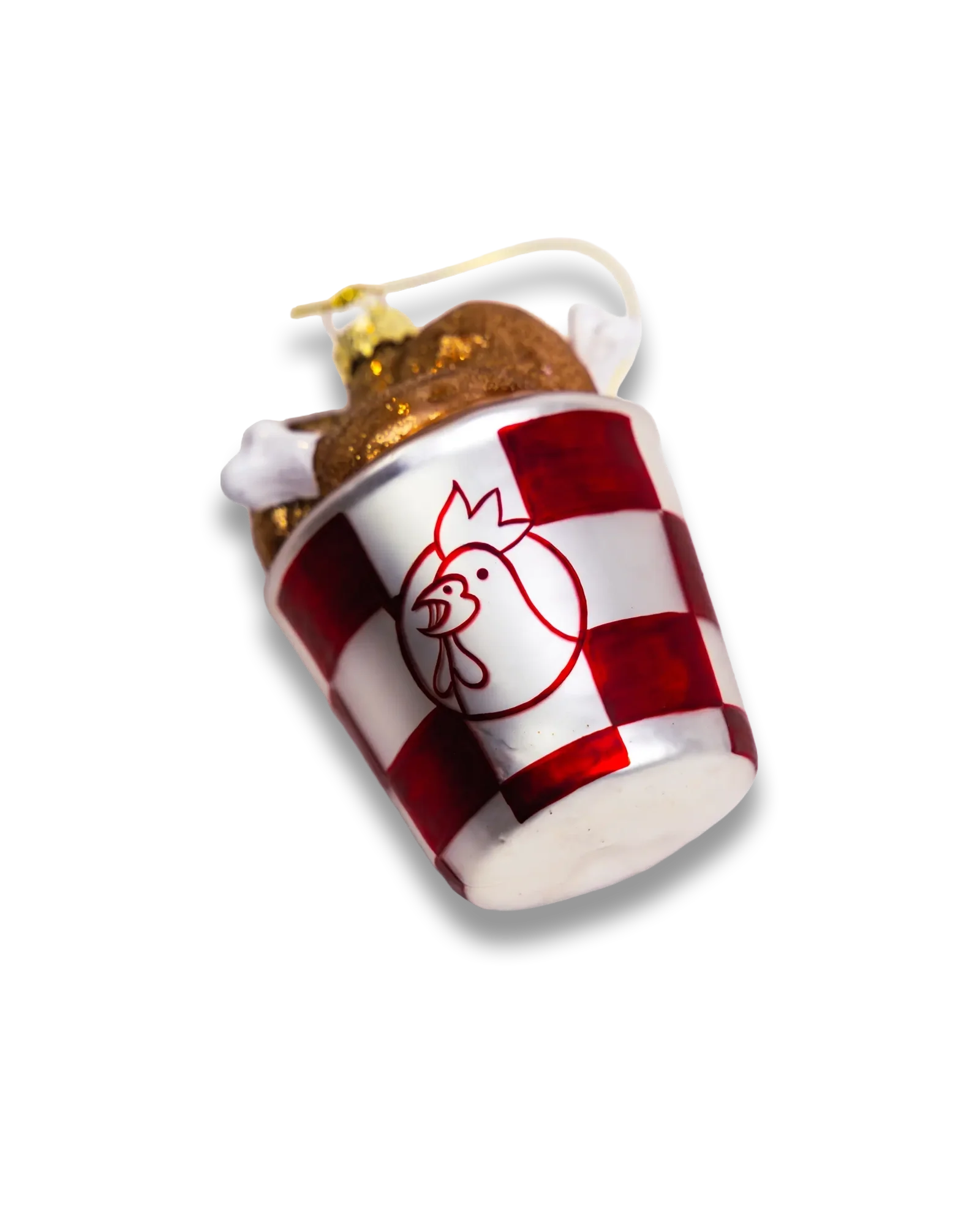 Chive glass chicken bucket ornament showing the checkered cup detail.