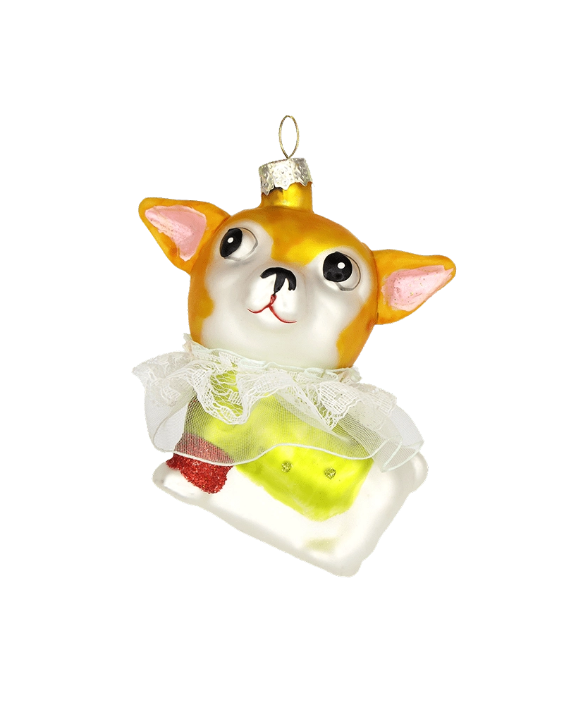Chive glass Chihuahua ornament with a lace collar and yellow floral bandana detail.
