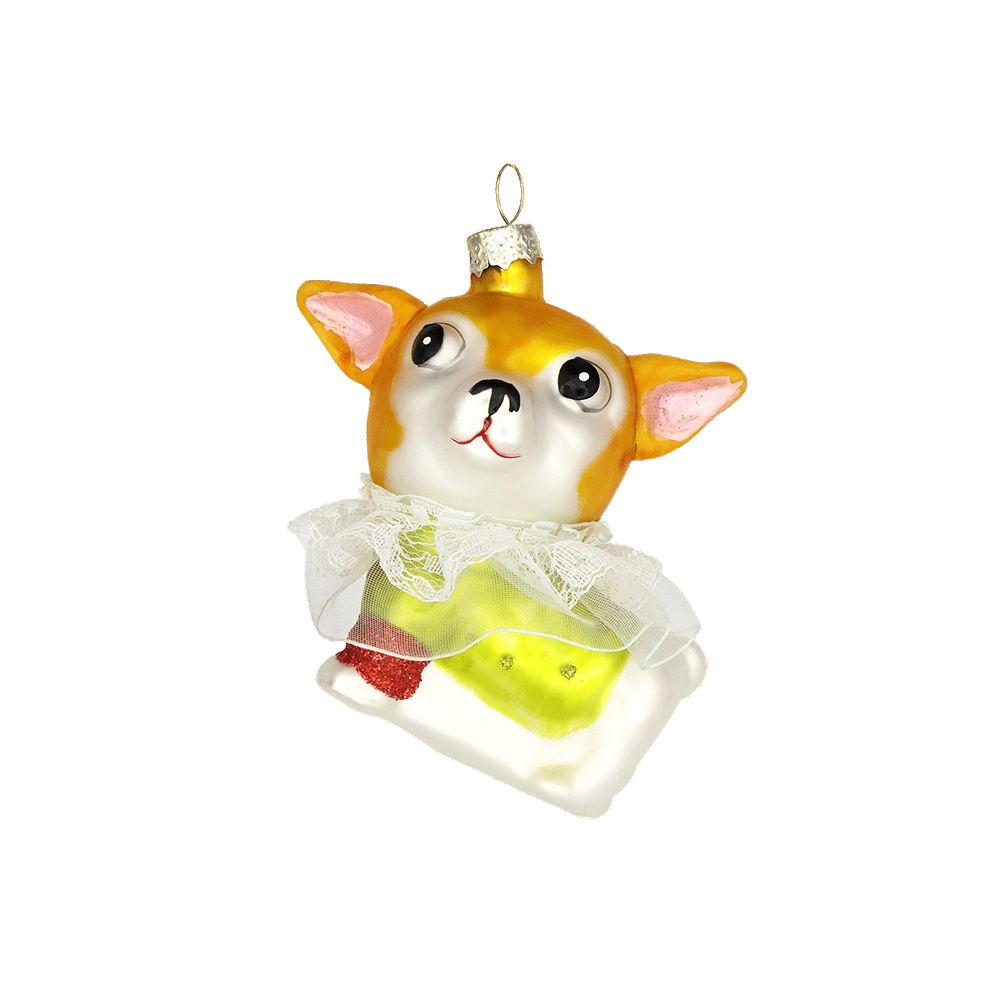 Chive glass Chihuahua ornament with a lace collar and yellow floral bandana detail.