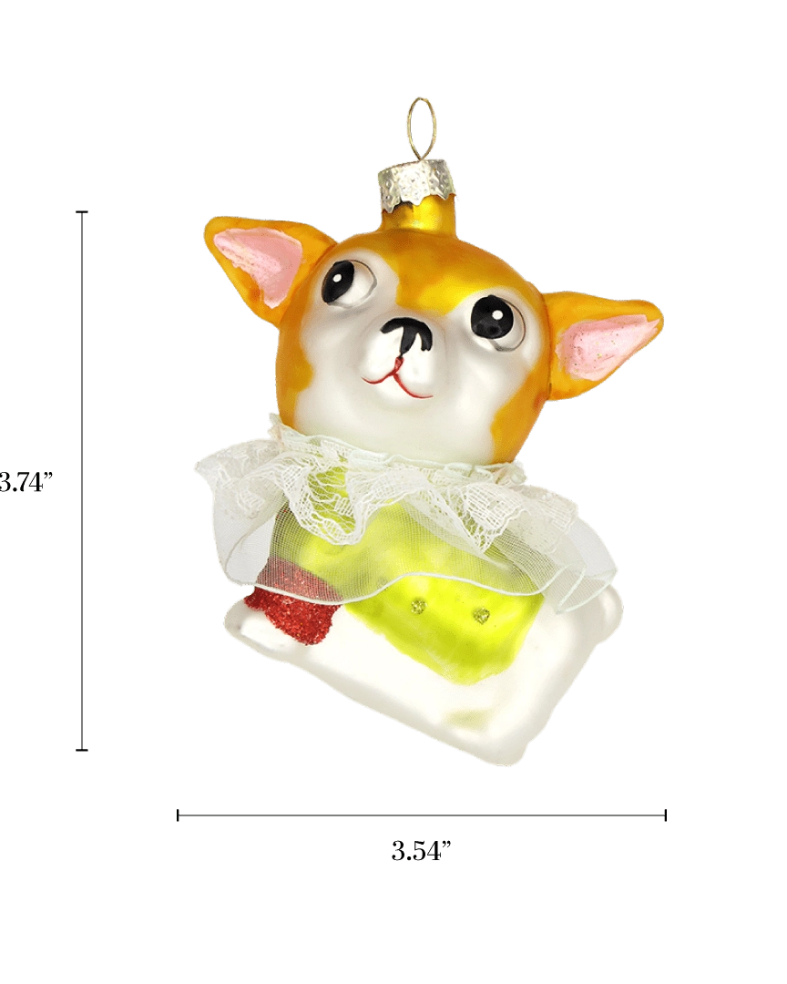 Chive glass Chihuahua ornament with a dimension diagram showing its expressive face detail.