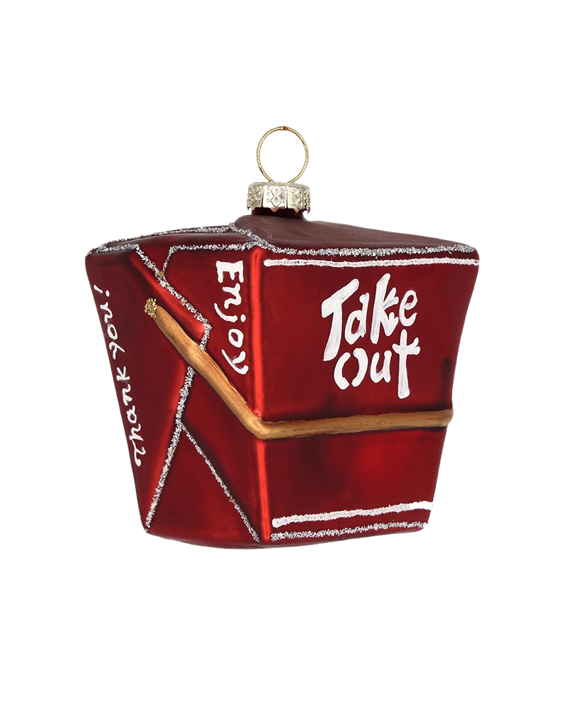 Chive glass Chinese takeout box ornament in red with "Take Out" lettering and chopsticks.