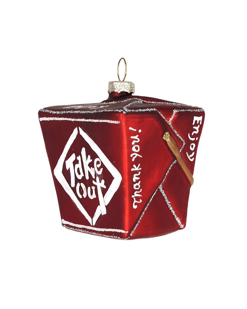 Chive glass takeout box ornament shown at an angle with "Thank You" and "Enjoy" text.