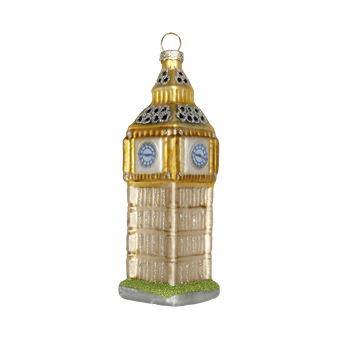 Chive glass clock tower ornament in gold tones with glittered spire and blue-faced clocks.