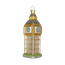 Chive glass clock tower ornament in gold tones with glittered spire and blue-faced clocks.