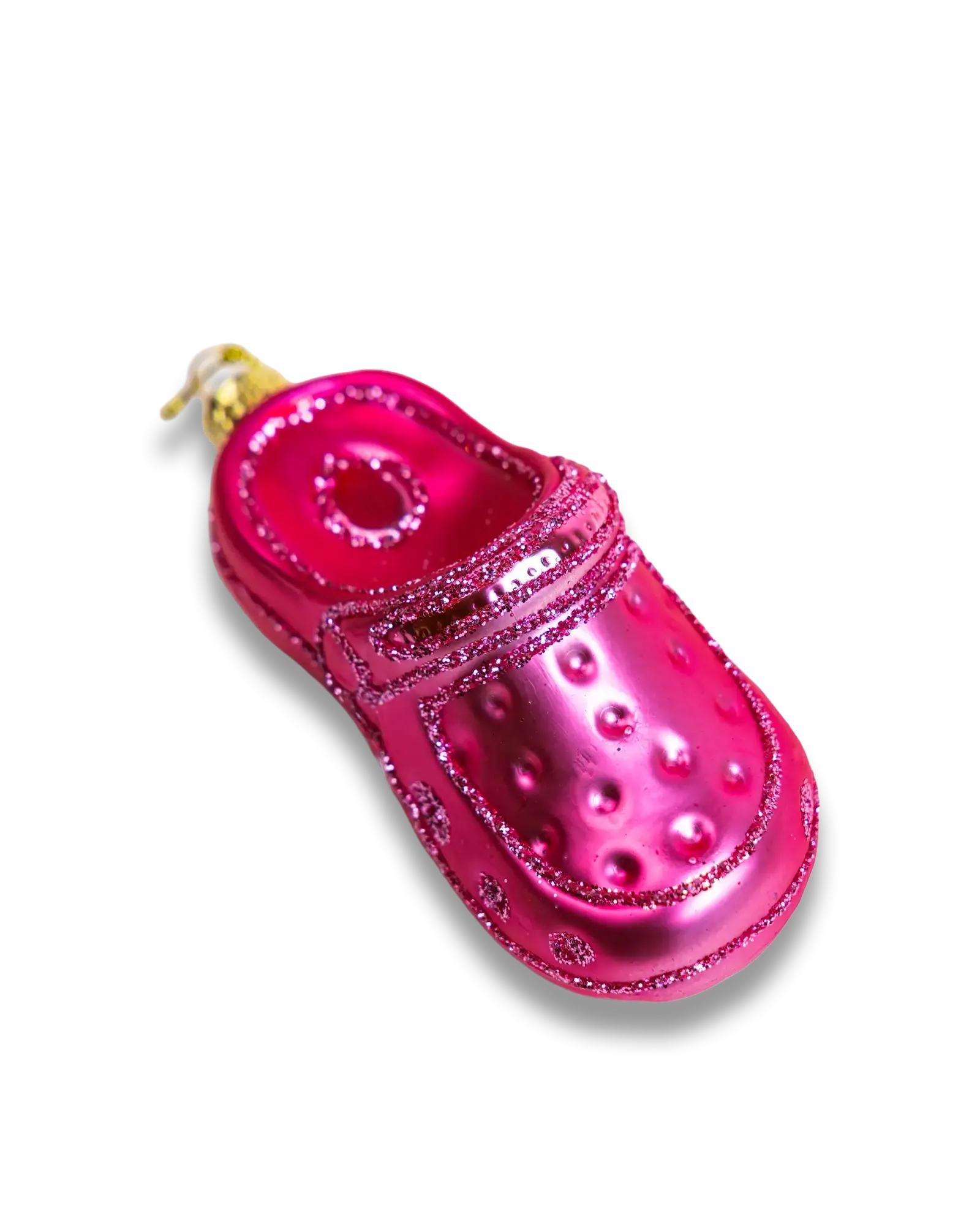 Chive glass clog shoe ornament in pink with glittered perforated vents.