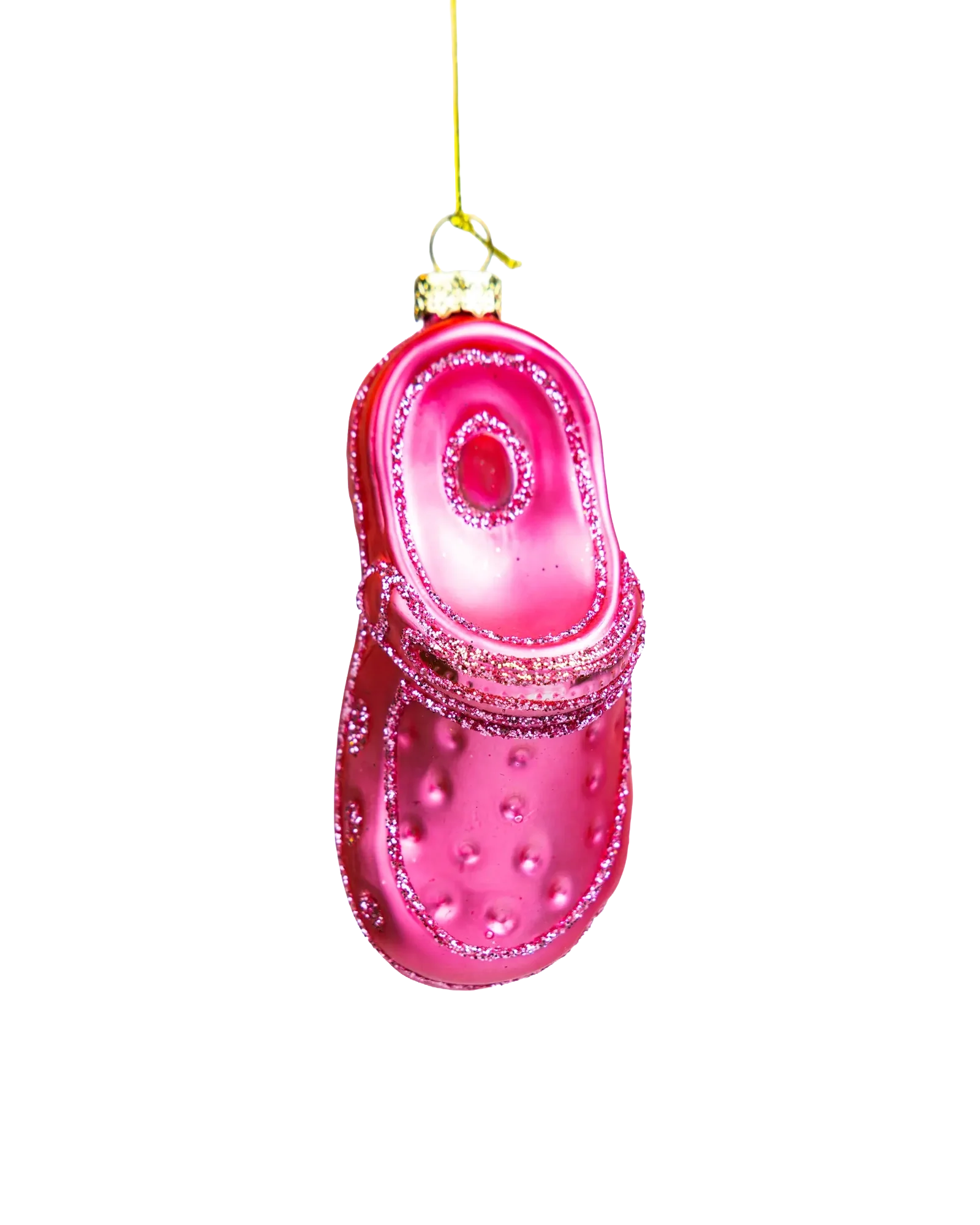 Chive glass clog shoe ornament showing its glittered strap detail.