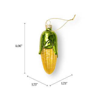 Chive glass corn ornament in yellow with a peeled green husk detail.