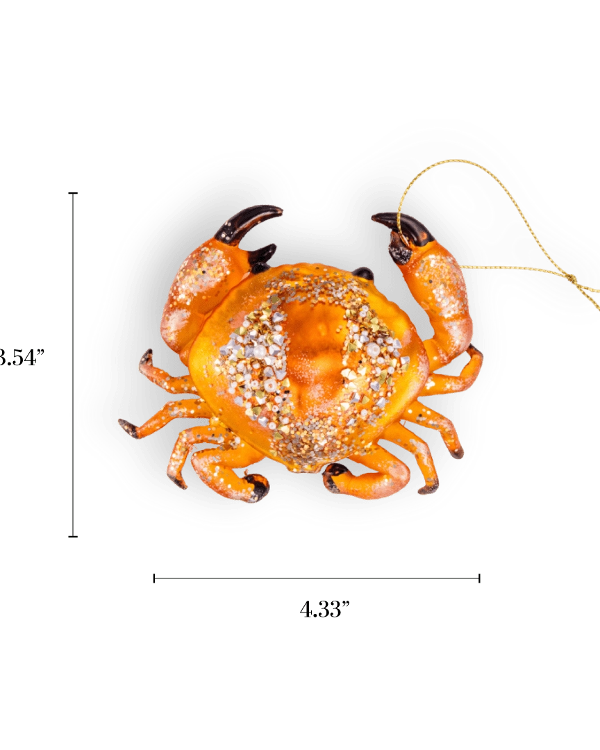 Chive glass crab ornament in orange with glittered shell texture.