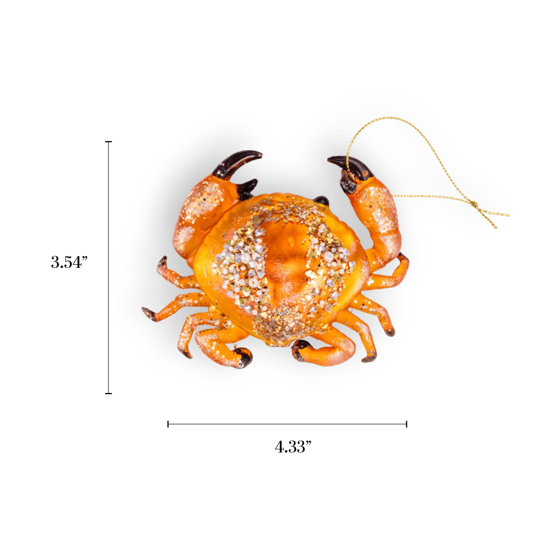Chive glass crab ornament in orange with glittered shell texture.