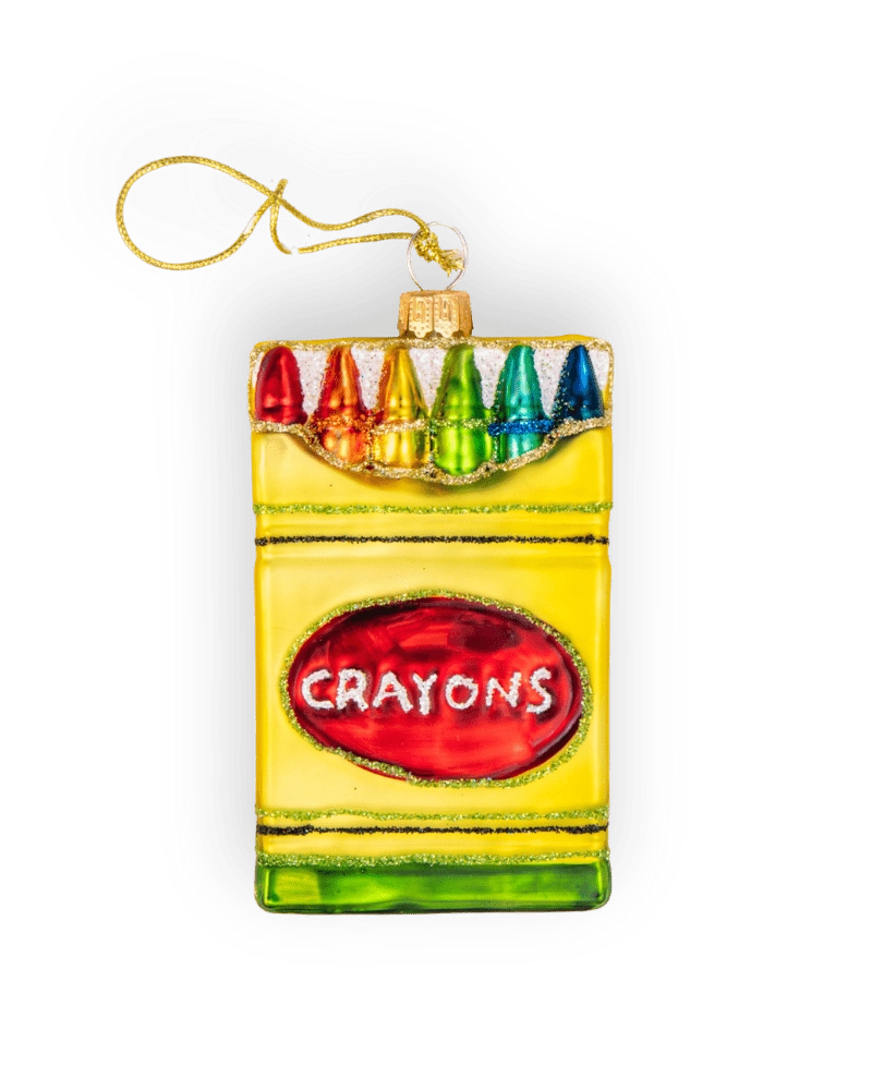 Chive glass crayon box ornament with a red "Crayons" label and glitter trim.