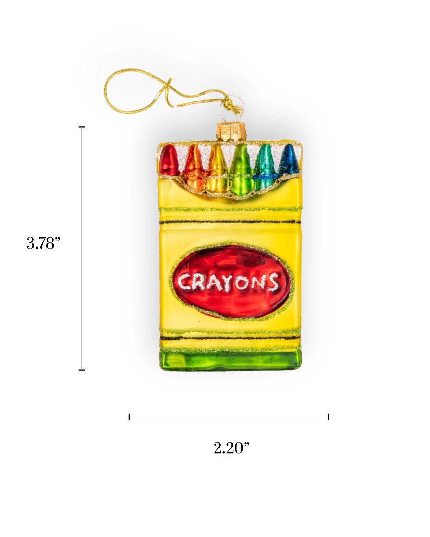 Chive glass crayon box ornament in yellow with rainbow crayon tips.