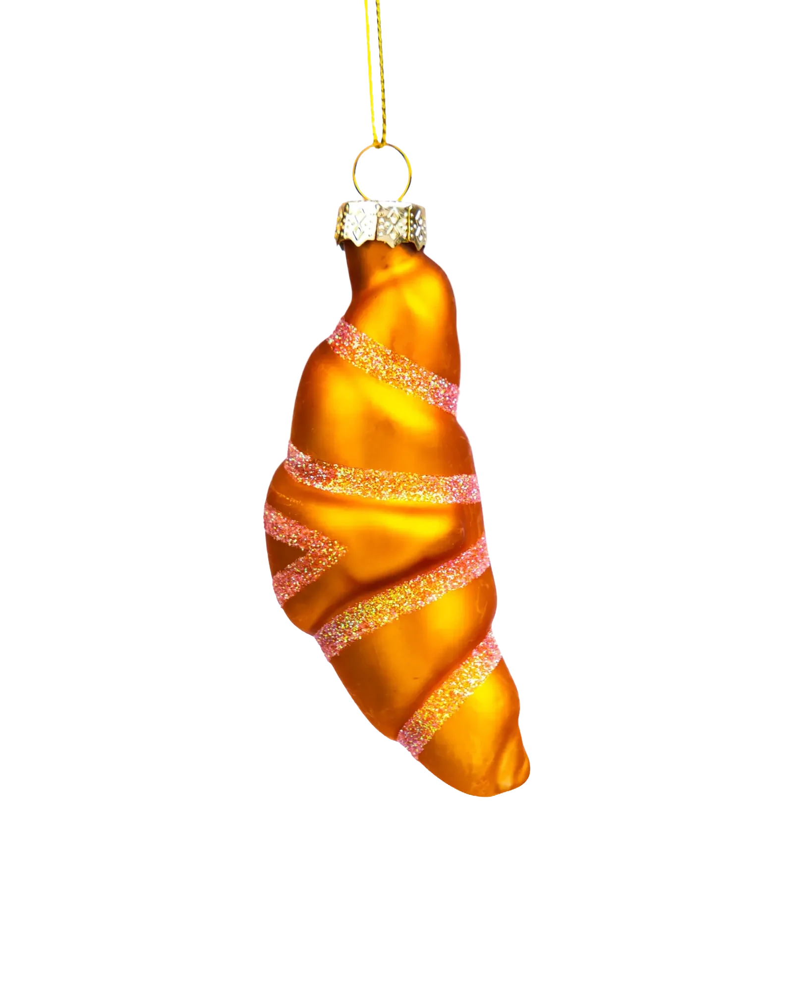 Chive glass croissant ornament showing its curved flaky texture.
