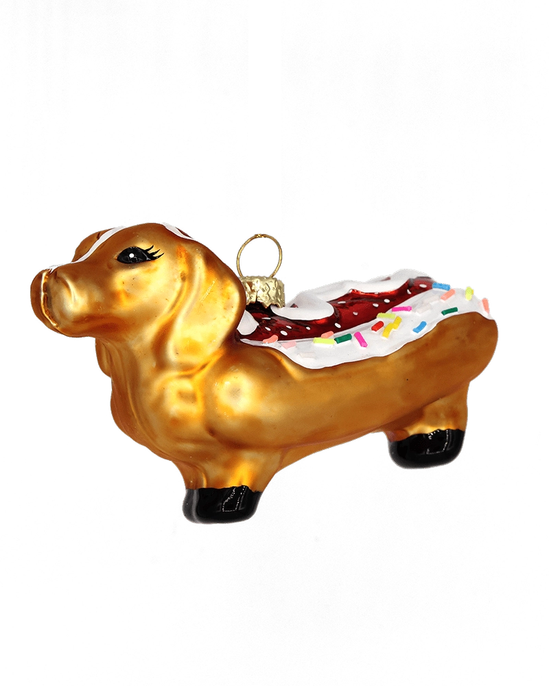 Chive glass dachshund ornament in gold with an iced pastry back and sprinkle detail.