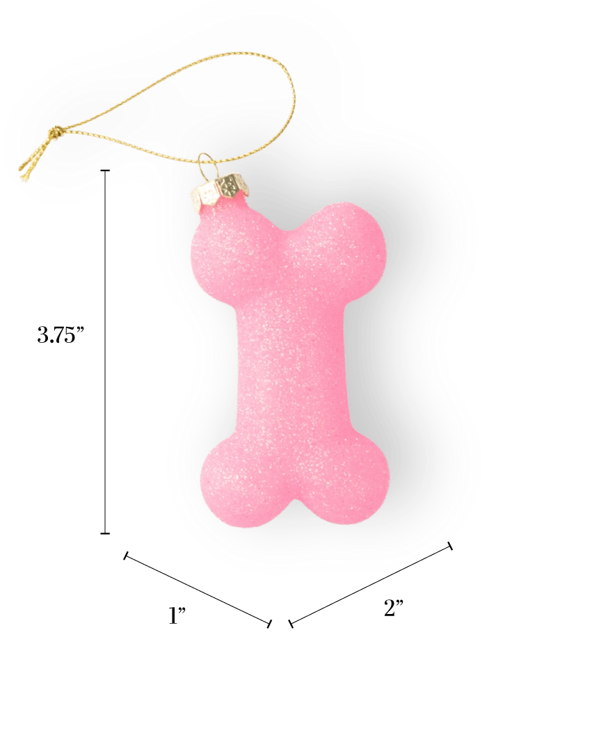 Chive glass dog bone ornament in pink with an allover glitter finish.