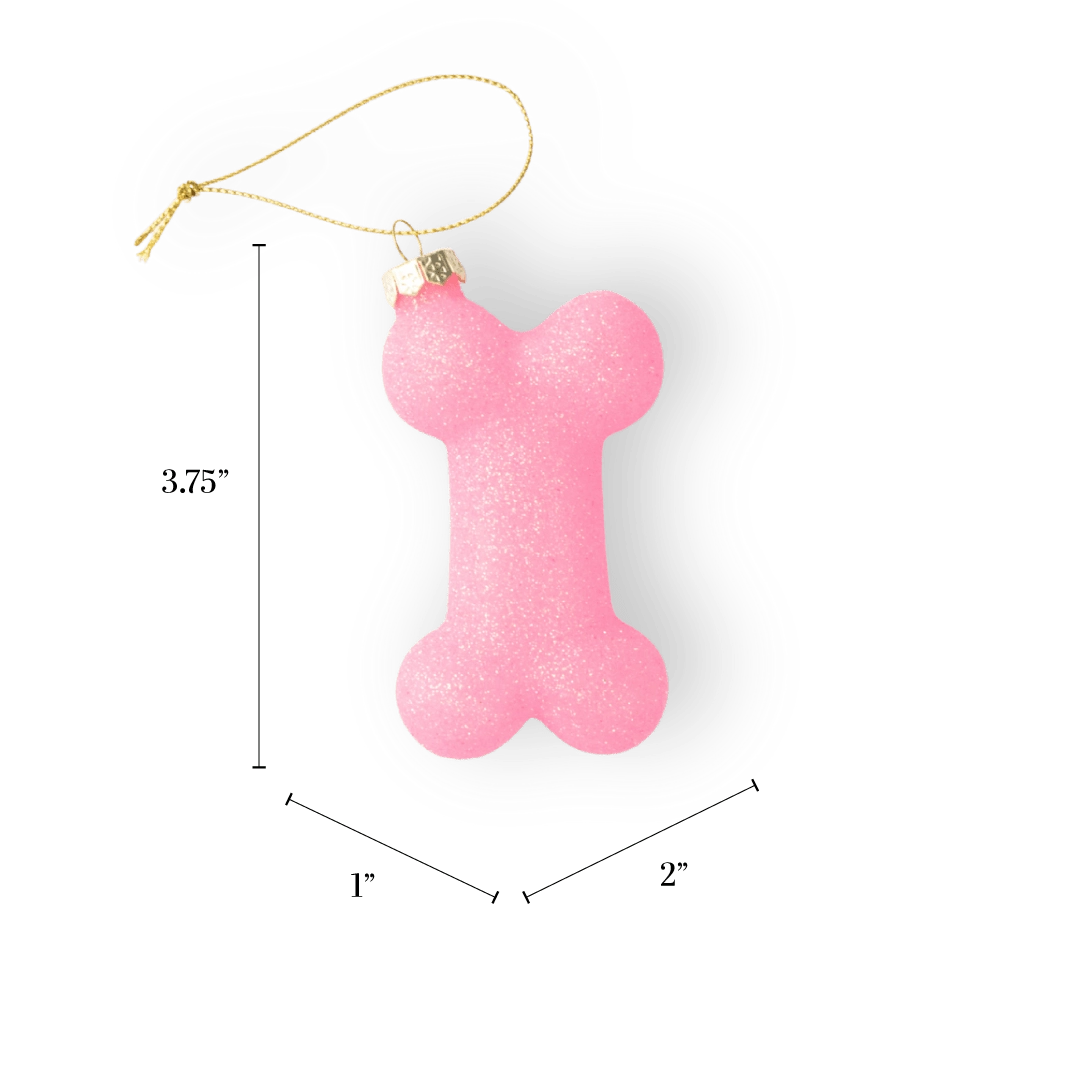 Chive glass dog bone ornament in pink with an allover glitter finish.