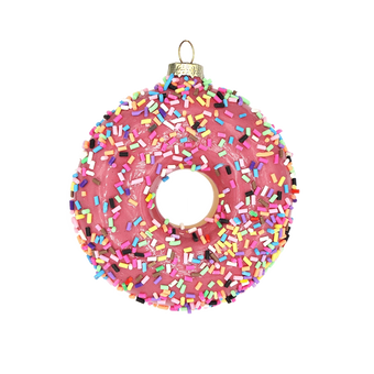 Chive glass donut ornament in pink with colorful rainbow sprinkles and a gold cap.