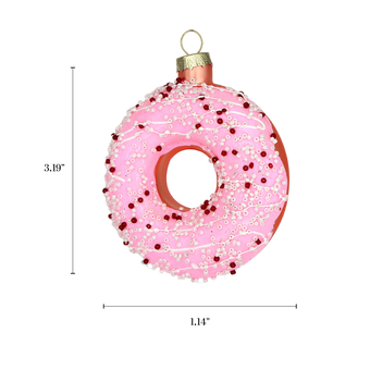 Chive glass donut ornament in pink with white icing drizzle and red beaded sprinkles.