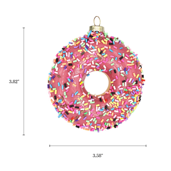 Chive glass donut ornament with a dimension diagram showing its full round size.