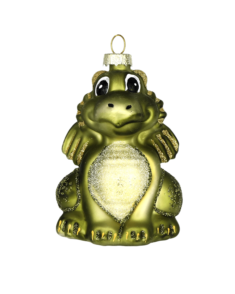 Chive glass dragon ornament in green with a glittered gold belly and spiked wings.