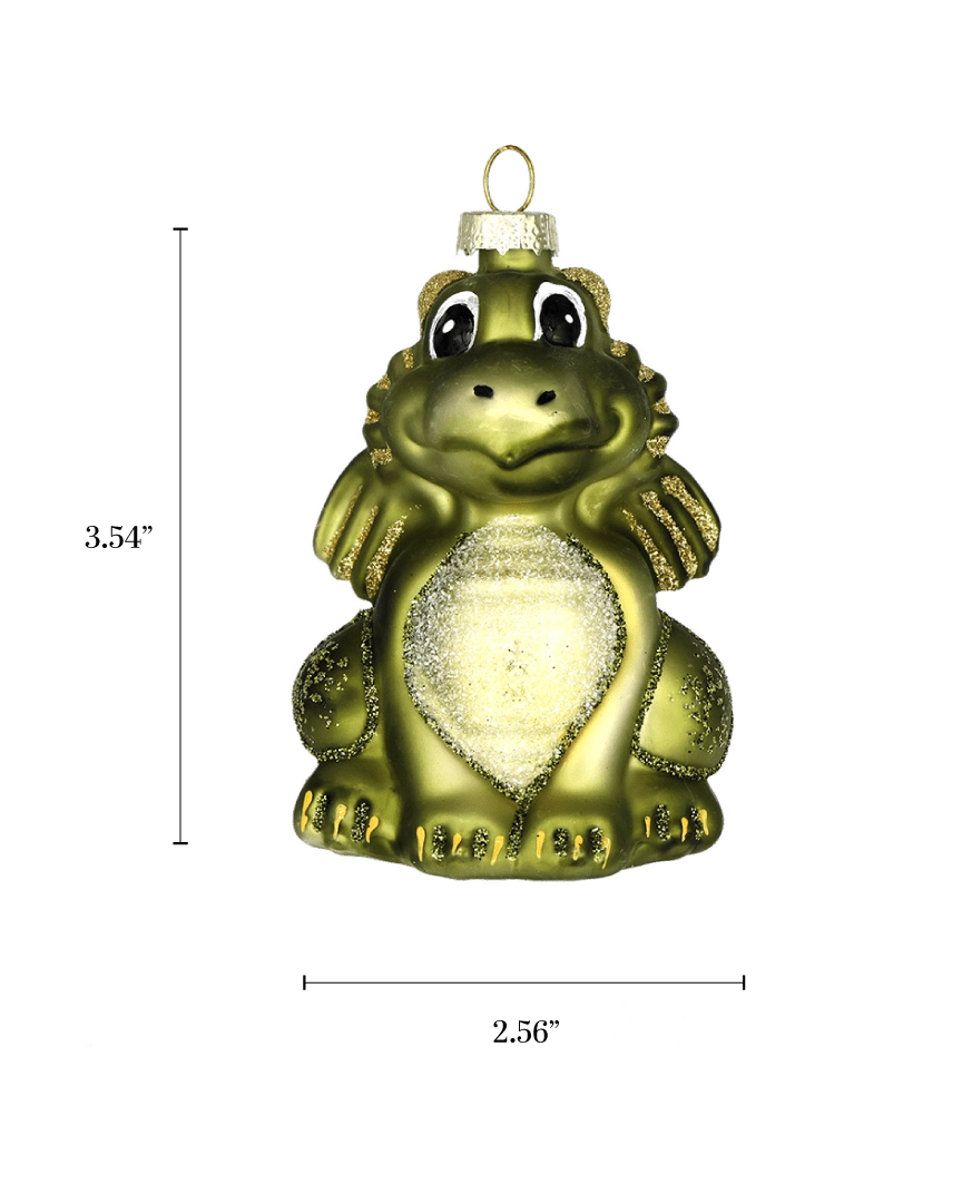 Chive glass dragon ornament with a dimension diagram showing its small sitting size.
