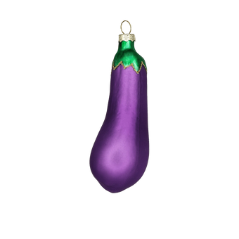 Chive glass eggplant ornament in matte purple with a glittered green stem cap.